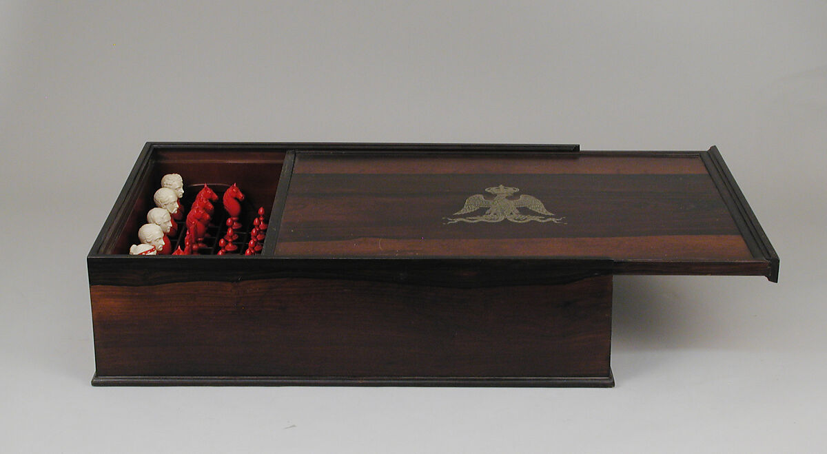 Chessmen (72) with box-board for "double" chess, François Gilot (French), Ivory: stained and natural; ebony, French