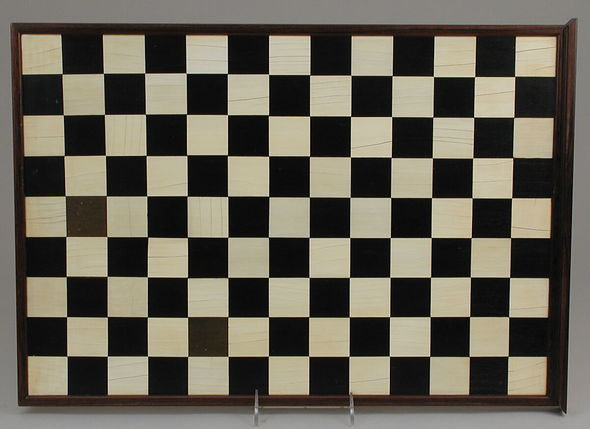 Chessmen (72) with box-board for "double" chess, François Gilot (French), Ivory: stained and natural; ebony, French