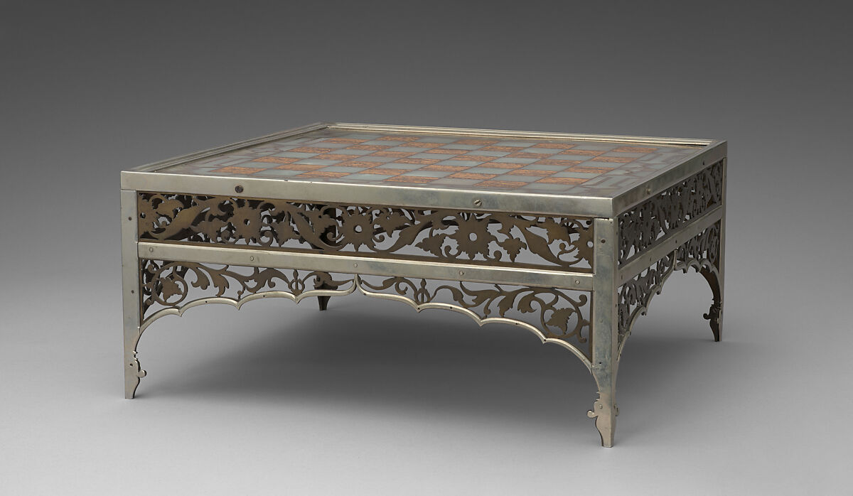 Chess table, Jade, jasperite, brass, steel, Indian