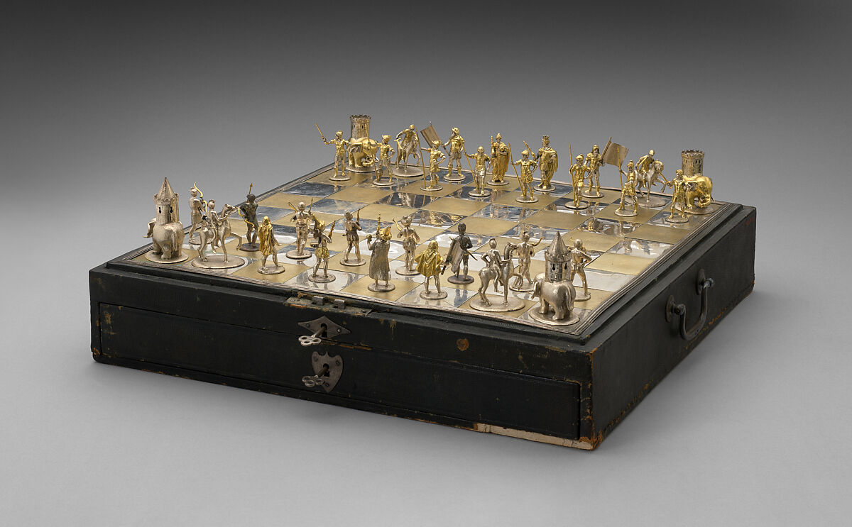 Battle of Panormus chessmen (32) and box-board, Design attributed to Andreas Schluter, Danzig and the Court of Berlin, Silver, silver-gilt, German