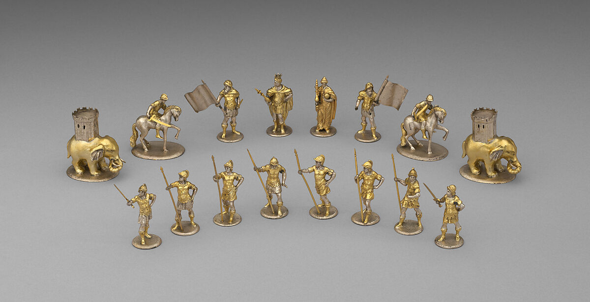 Battle of Panormus chessmen (32) and box-board, Design attributed to Andreas Schluter, Danzig and the Court of Berlin, Silver, silver-gilt, German