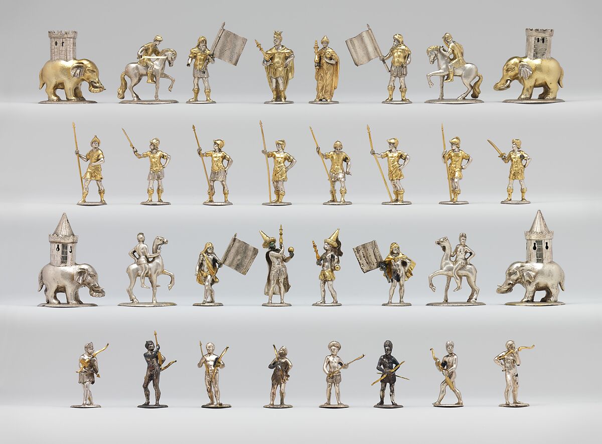 Battle of Panormus chessmen (32) and box-board, Design attributed to Andreas Schluter, Danzig and the Court of Berlin, Silver, silver-gilt, German