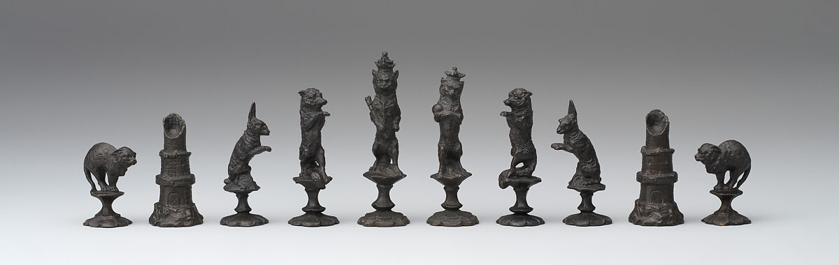 Dogs, wolves and goats versus cats, foxes, hares chessmen (32), E. G. Zimmerman Company, Hanau, Metal, German, Hanau
