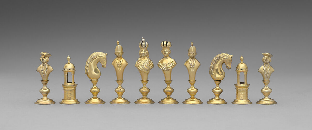 Chess set and board with box, Silver, gold, leather, Austrian, Vienna