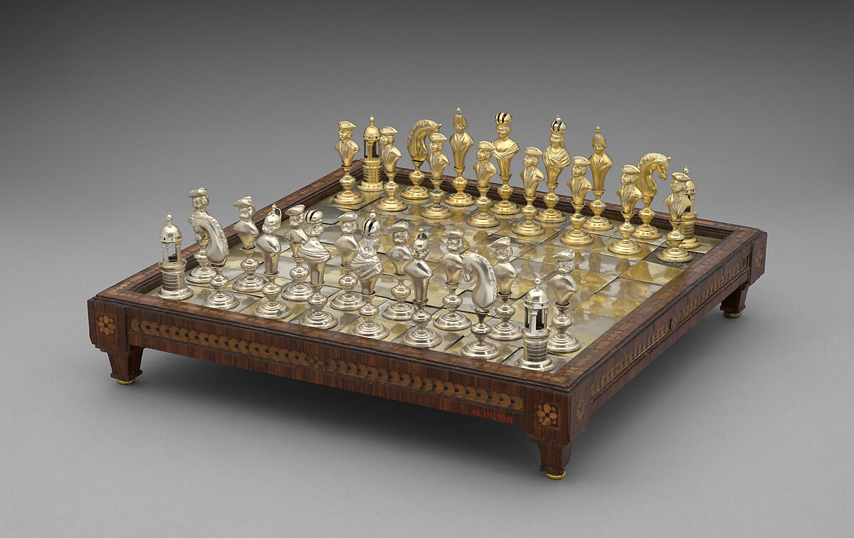 Chess set and board with box, Silver, gold, leather, Austrian, Vienna