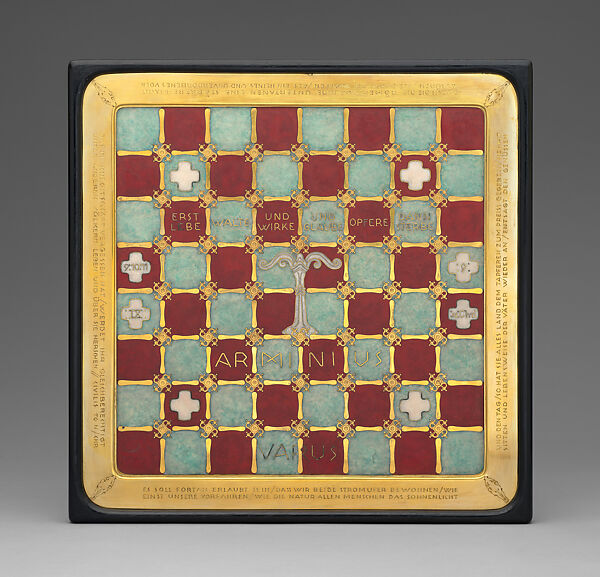 "Battle in the forests of Teutoburg" chess set, Figures by Richard Barth (German), Silver, silver-gilt, ivory, ebony, marble, leather, German