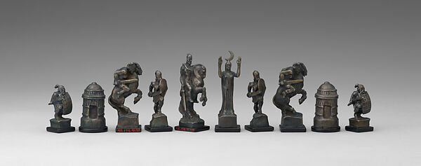 "Battle in the forests of Teutoburg" chess set, Figures by Richard Barth (German), Silver, silver-gilt, ivory, ebony, marble, leather, German