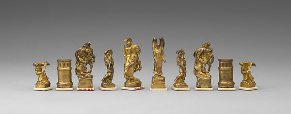 "Battle in the forests of Teutoburg" chess set, Figures by Richard Barth (German), Silver, silver-gilt, ivory, ebony, marble, leather, German