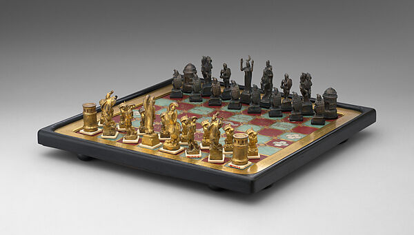 "Battle in the forests of Teutoburg" chess set, Figures by Richard Barth (German), Silver, silver-gilt, ivory, ebony, marble, leather, German