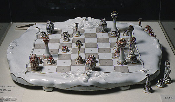 Chessmen (30) with board, box, and case, Max Esser (German, Barth 1885–1945 Berlin), Porcelain, German, Meissen 
