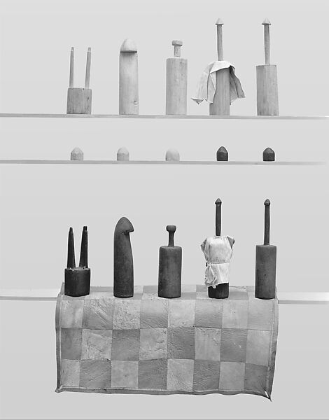 Chess set, Limba wood, goatskin, cotton, Nigerian