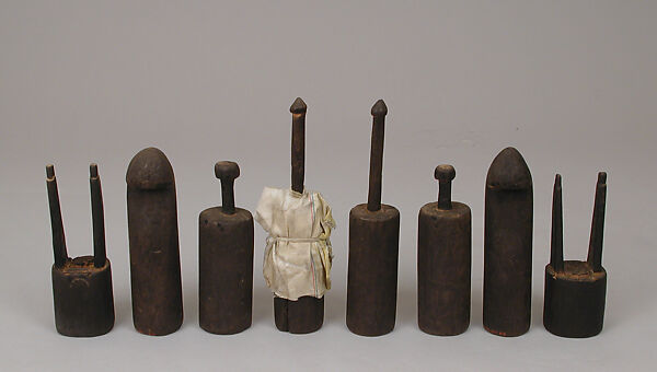 Chess set, Limba wood, goatskin, cotton, Nigerian