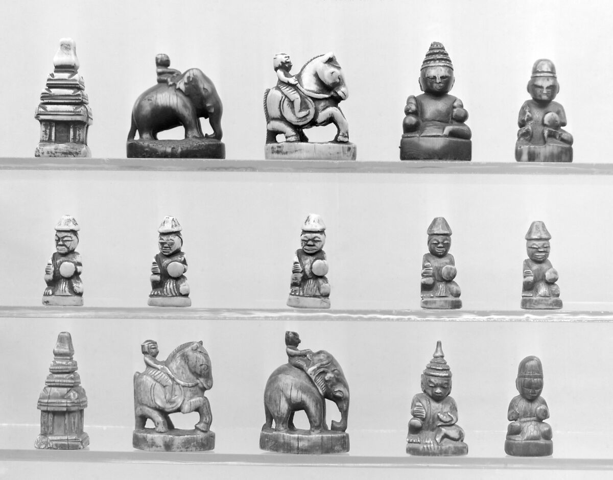 Chess set, Ivory, leather, Burmese chessmen with British board