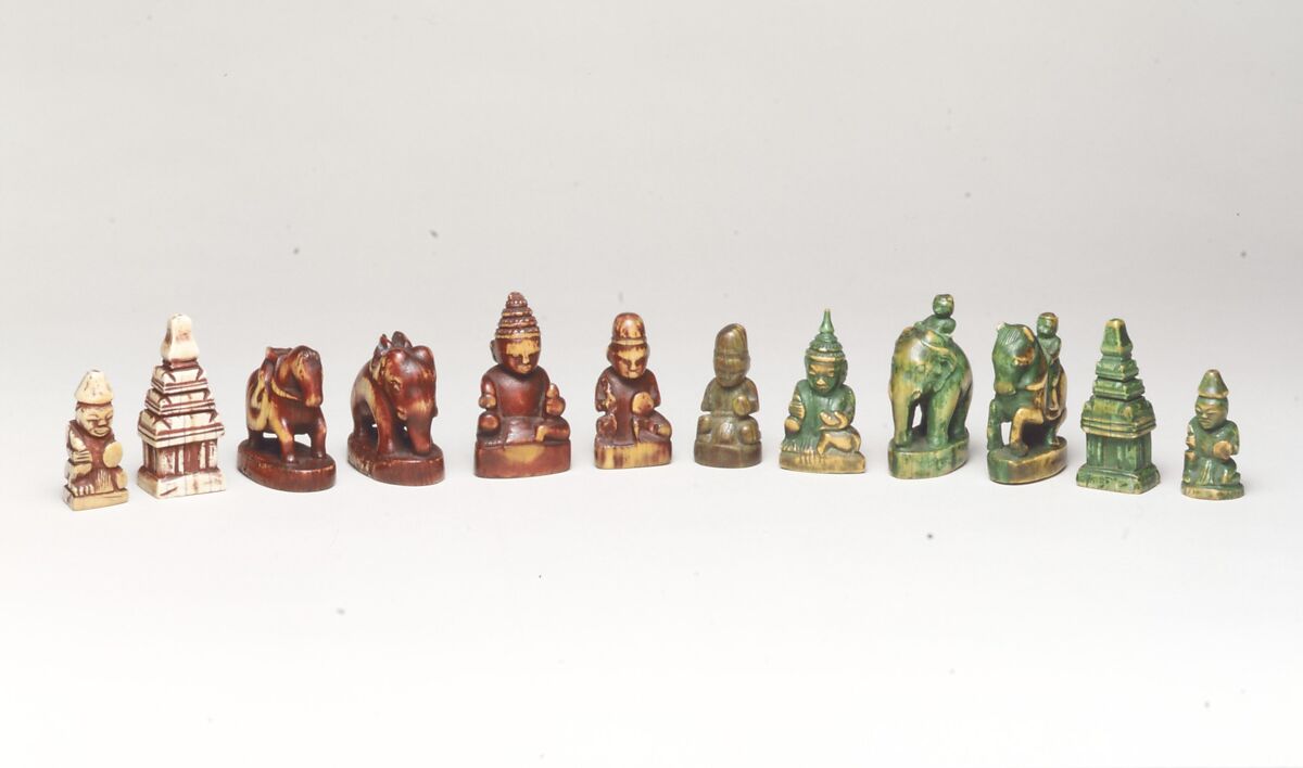 Chess set, Ivory, leather, Burmese chessmen with British board 