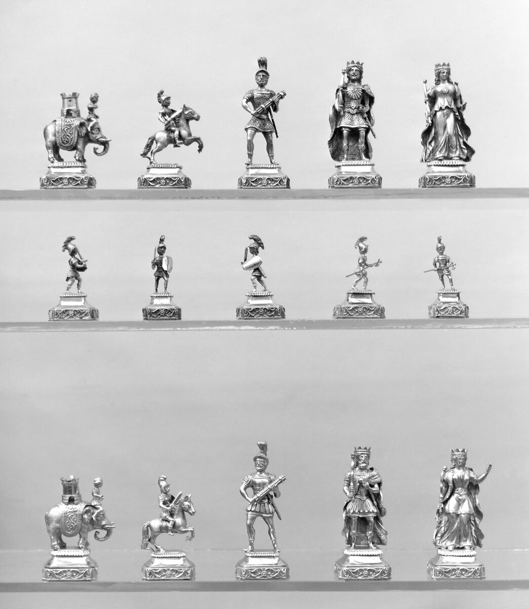 Chess set, Silver, silver-gilt, mother-of-pearl, Italian 