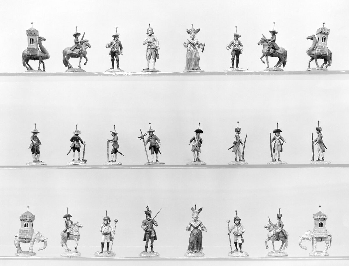 Chessmen (32), Conifer wood, painted, Austrian (South Tyrol, Grödner Tal)