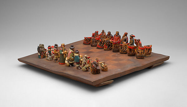 Chess set, Phyllis and Delphis Gardner (born 1890 and 1900 respectively), Painted yew, elm, sycamore, holly, British, Maidenhead