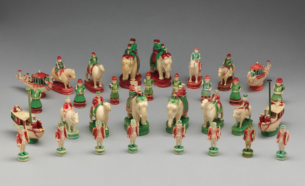 Chessmen (32), Ivory with polychrome lacquer and gilding, Indian 