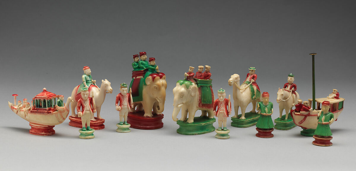 Chessmen (32), Ivory with polychrome lacquer and gilding, Indian