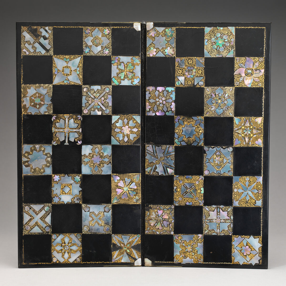 Chessboard, Lacquer, papier maché, mother-of-pearl, British 