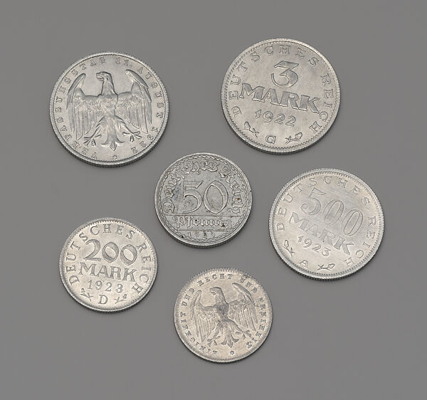 Chessmen (32) made from German coins and six loose coins, Aluminum, German