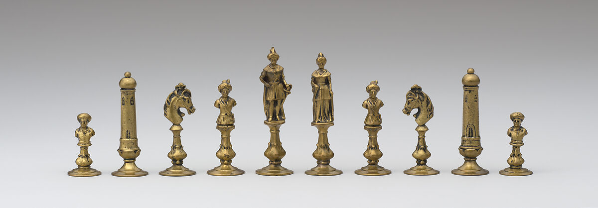 Crusaders and Ottomans Chessmen (32), Probably by E. G. Zimmerman Company, Hanau, Gilt bronze, pewtered, German