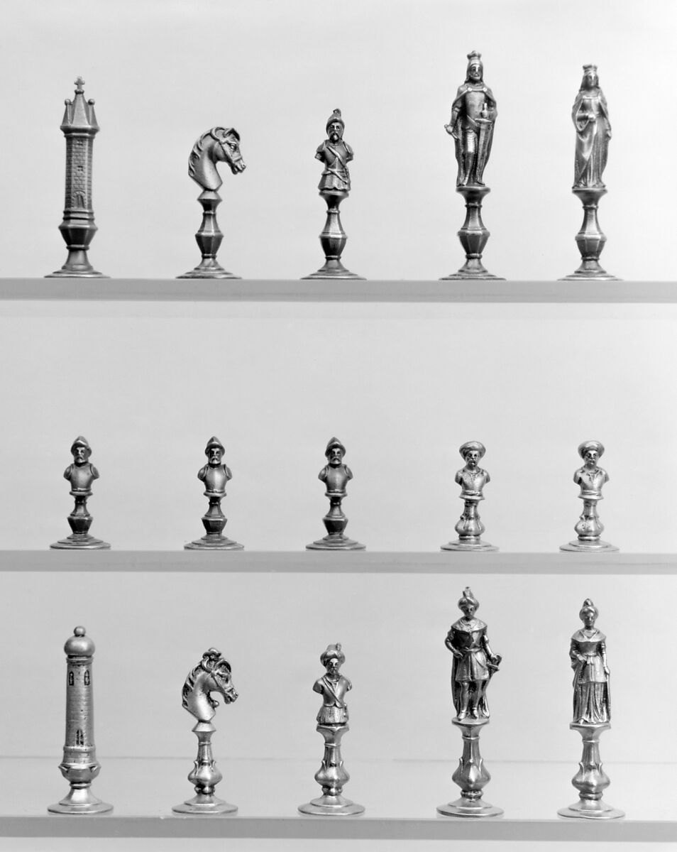 Chessmen (32), Probably by E. G. Zimmerman Company, Hanau, Gilt bronze, pewtered, German 