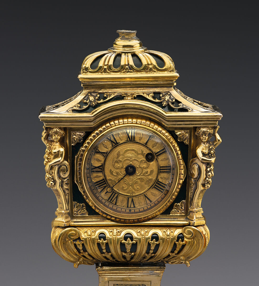 Miniature clock, Gold, agate, and heliotrope, set with rose diamonds, German, Dresden