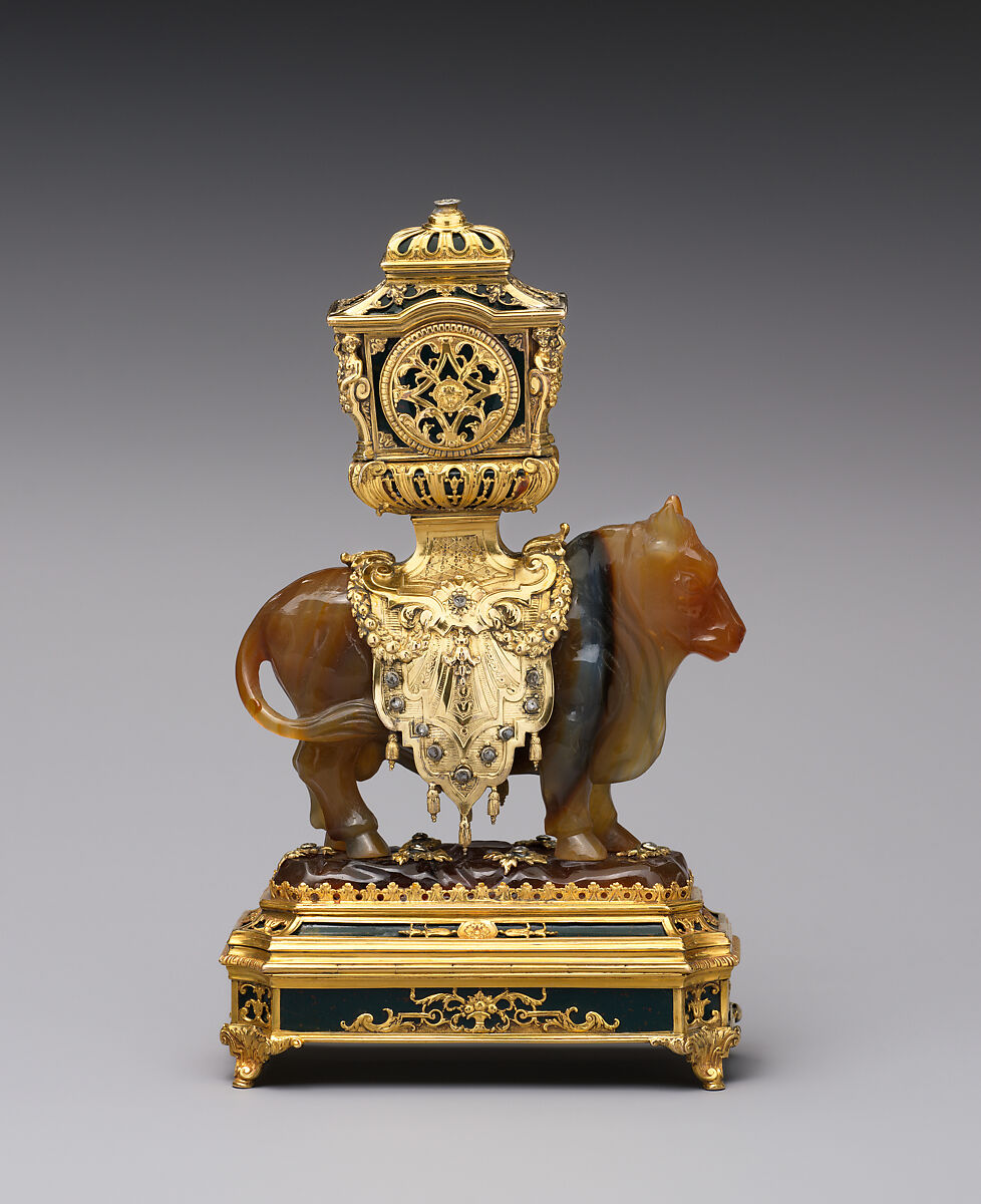 Miniature clock, Gold, agate, and heliotrope, set with rose diamonds, German, Dresden