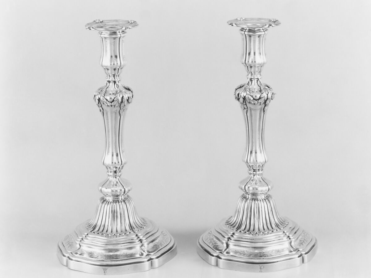 Pair of candlesticks, Jacques Roettiers (master 1733, retired 1772, died 1784), Silver, French, Paris