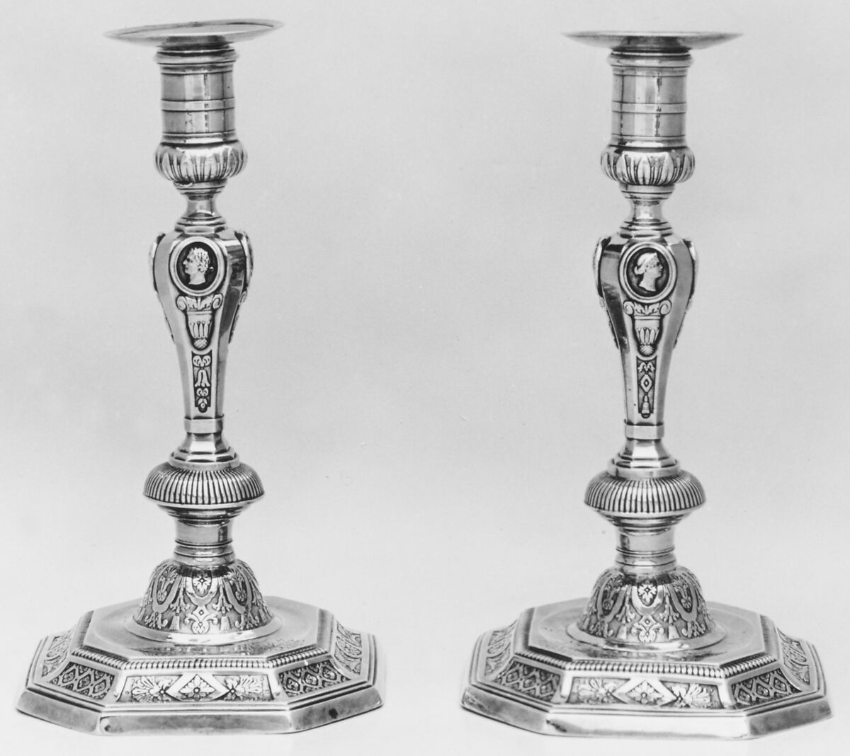 Pair of candlesticks, Jacques Besnier (1688–1761, apprentice 1701, master 1720, recorded 1756), Silver, French, Paris 