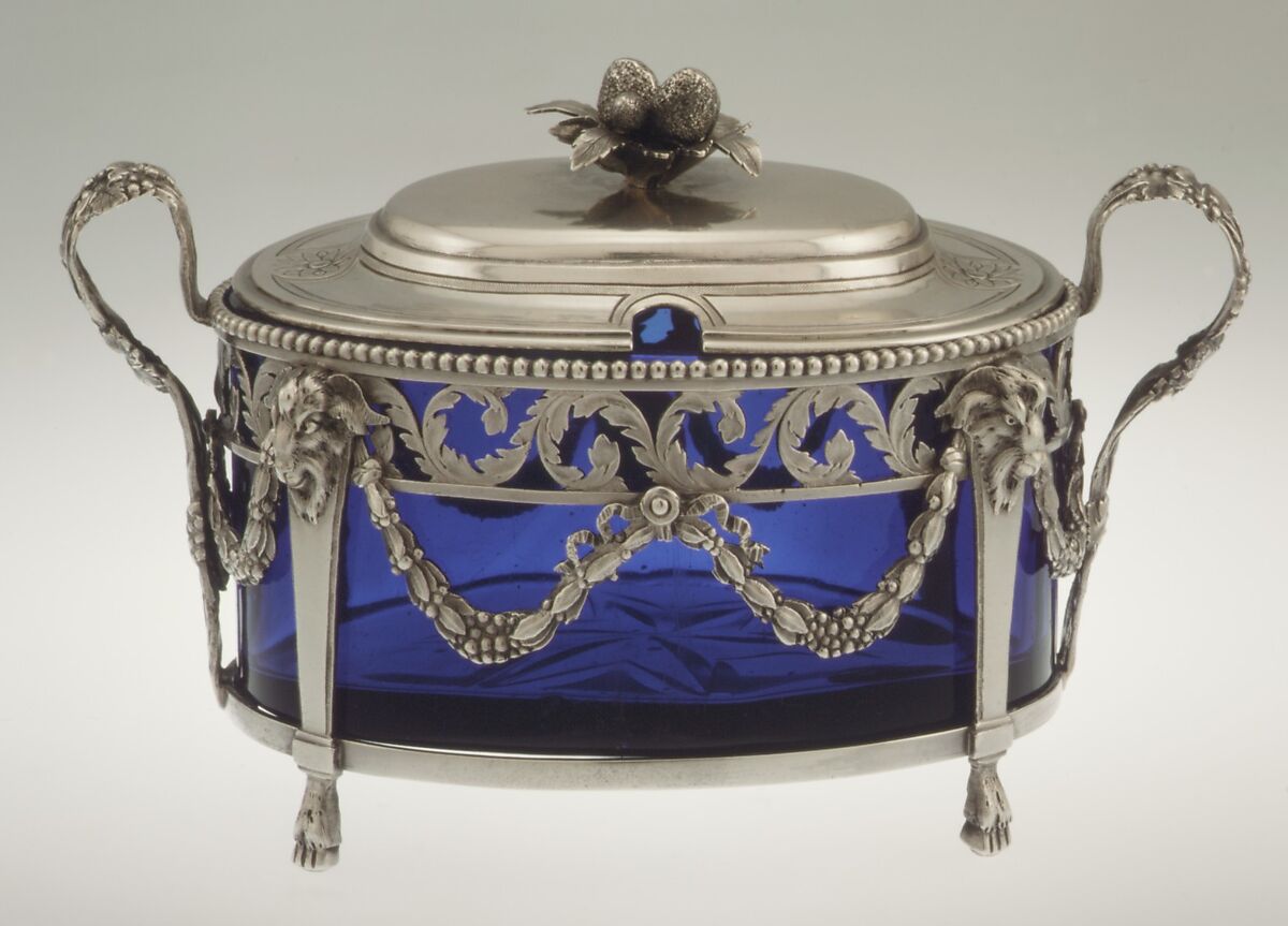 Sugar bowl with cover, Antoine Bouiller (French, born Châteauroux,  master 1775, last known work 1818), Silver; glass, French, Paris