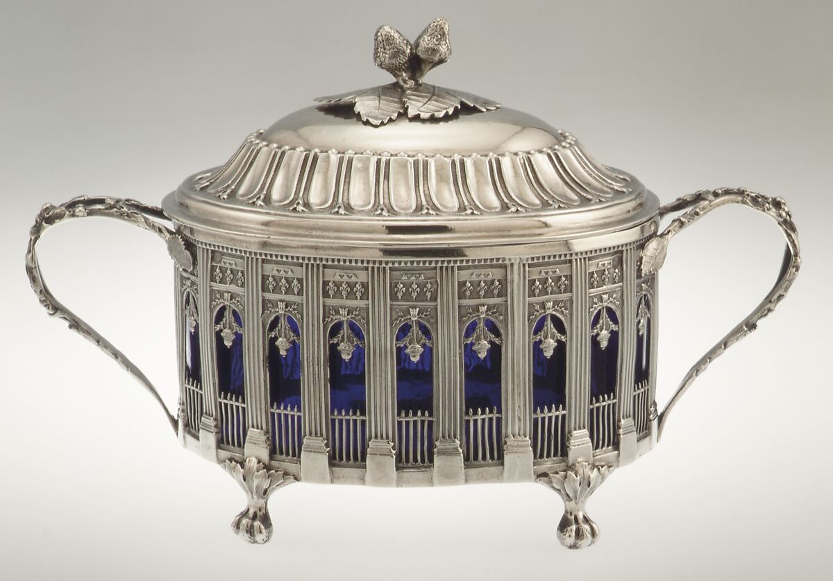 Sugar bowl with cover, Etienne Modenx (master 1777, recorded 1793), Silver; glass, French, Paris 