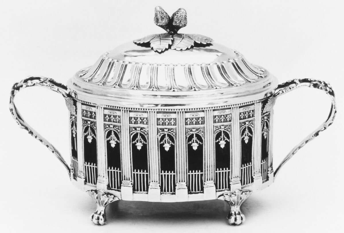 Sugar bowl with cover, Etienne Modenx (master 1777, recorded 1793), Silver; glass, French, Paris