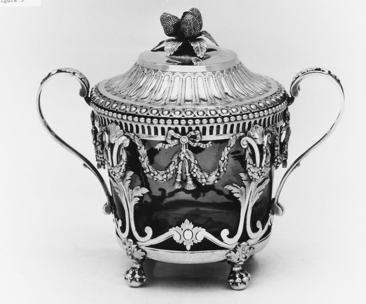 Sugar bowl with cover, Jacques Favre (master 1774, recorded 1793), Silver; glass, French, Paris 