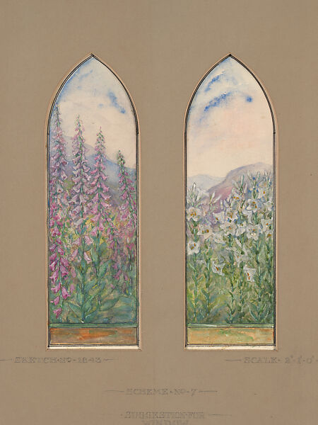 Suggestion for window, Mr. C. H. McCormick, Louis C. Tiffany (American, New York 1848–1933 New York), Transparent and opaque watercolor, graphite, and ink on artist board with original mat, American