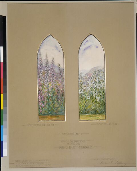 Suggestion for window, Mr. C. H. McCormick, Louis C. Tiffany (American, New York 1848–1933 New York), Transparent and opaque watercolor, graphite, and ink on artist board with original mat, American