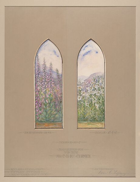 Suggestion for window, Mr. C. H. McCormick, Agnes F. Northrop (American, Flushing, New York 1857–1953 New York, New York), Watercolor, gouache, graphite, and ink on artist board with original mat, American 