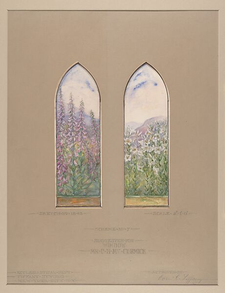 Suggestion for window, Mr. C. H. McCormick, Louis C. Tiffany (American, New York 1848–1933 New York), Watercolor, gouache, graphite, and ink on artist board with original mat, American 