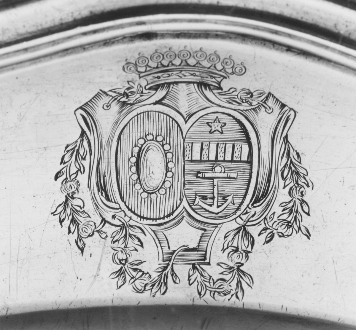 Plate with the arms of Jean-Euverte Miron de la Mothe (1757–1835) and his wife, Angélique Crignon de Bonvalet (1746-1839), Alexis Micalef (master 1756, transferred to Lyons 1773, active Lyons 1788), Silver, French, Paris