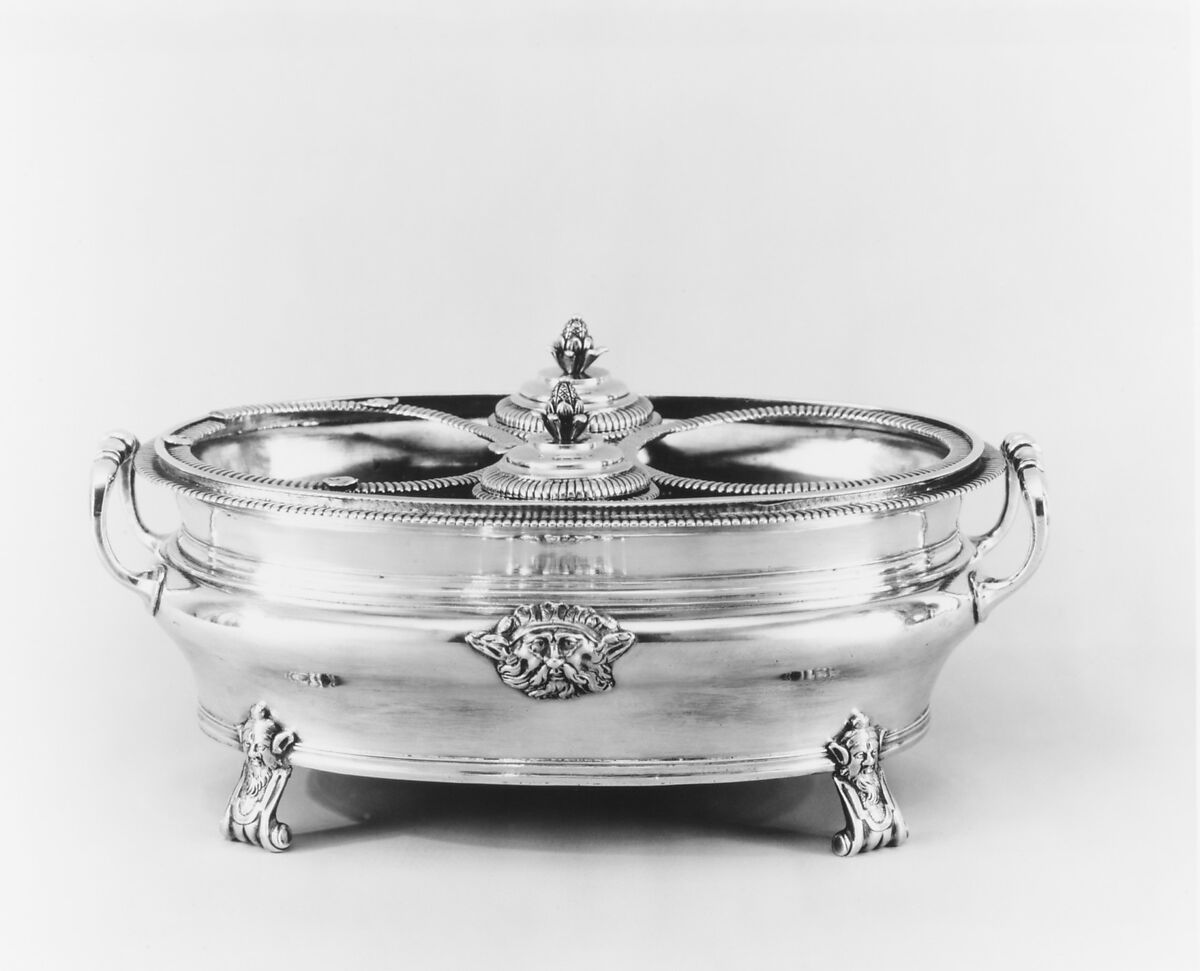 Cruet frame, Pierre-Noel David (master 1729), Silver; glass, French, Dôle (Besançon Mint)