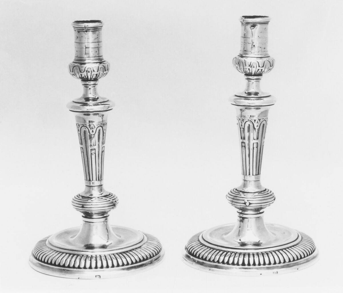 Pair of candlesticks, Charles Petit (master 1659, registered new mark 1680, recorded 1695), Silver, French, Paris 