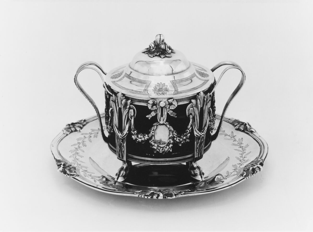 Sugar bowl with cover and tray, Pierre Vallières (master 1776, recorded 1806), Silver, French, Paris 