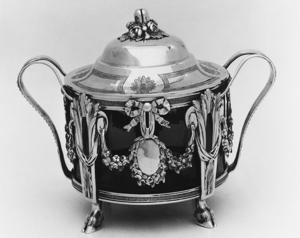 Sugar bowl with cover and tray, Pierre Vallières (master 1776, recorded 1806), Silver, French, Paris