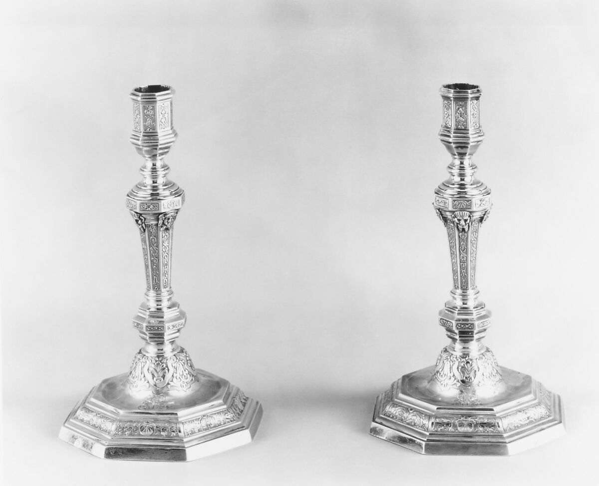 Pair of candlesticks, Jacques Delavigne (master 1714, recorded 1722), Silver, French, Paris 
