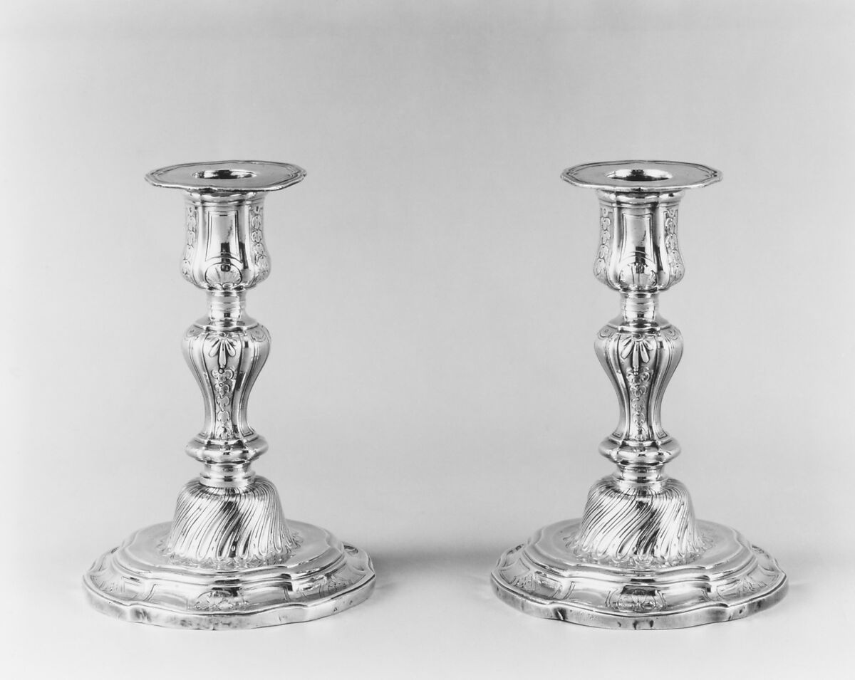 Pair of candlesticks (part of a toilet service), Joseph Charvet (master 1751, died before 1770), Silver, French, Paris 