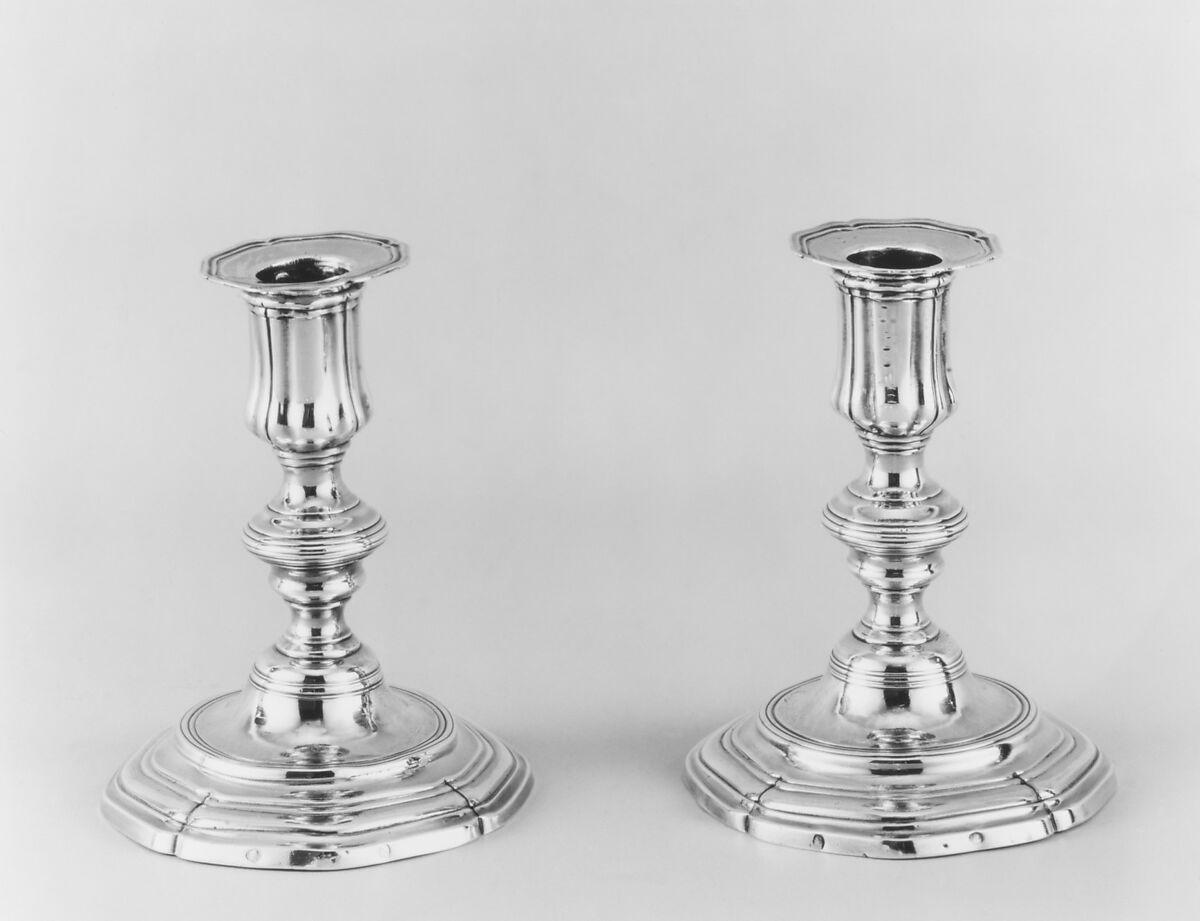 Pair of candlesticks (part of a toilet service), Antoine Plot (French, 1701–1772, master 1729), Silver, French, Paris 