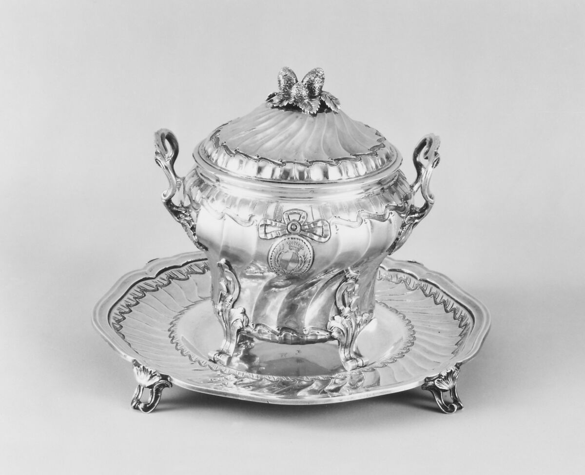 Sugar bowl with cover and tray, Alexandre de Roussy, the Younger (born ca. 1729, master 1758, recorded 1792), Silver, French, Paris 