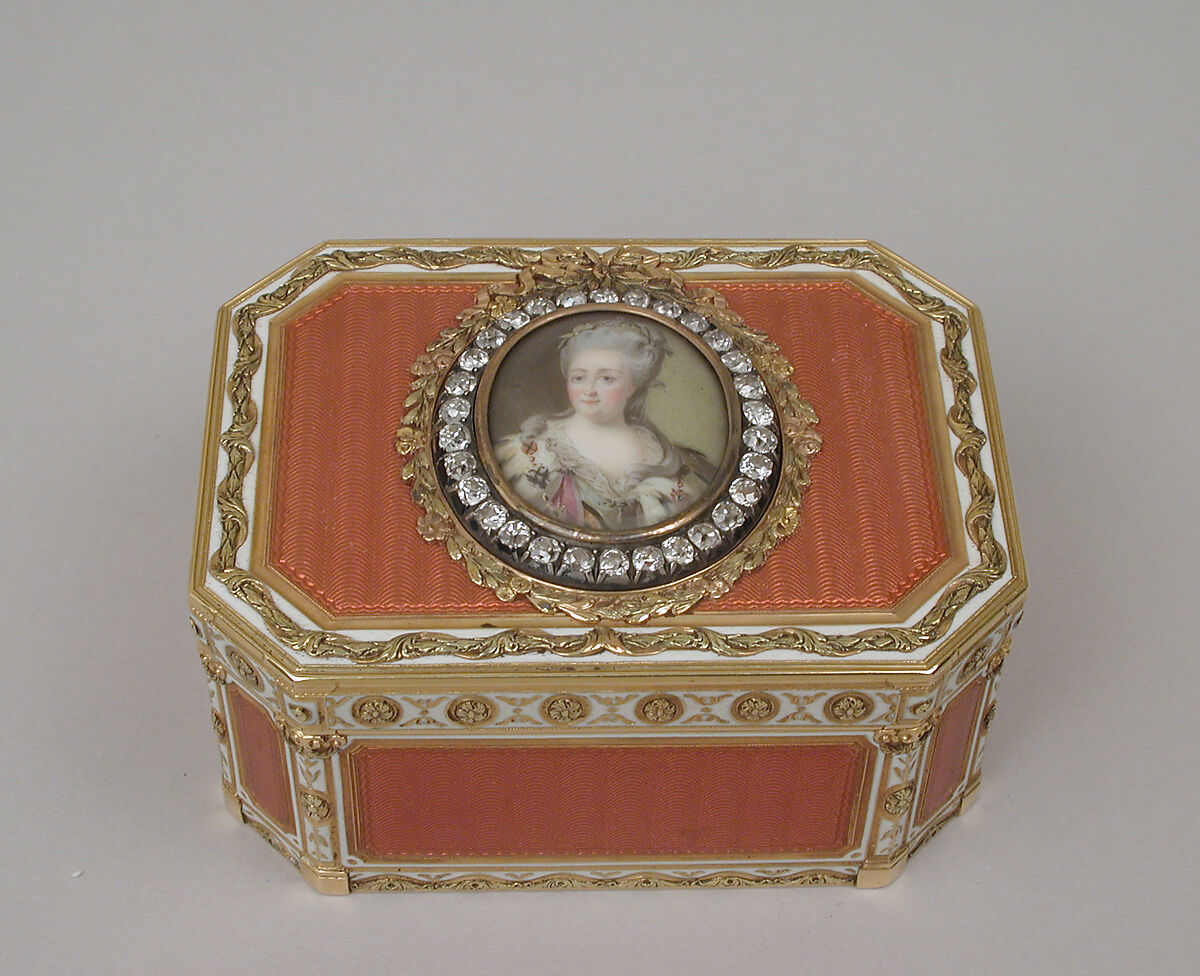 Snuffbox with portrait of Catherine II (1729–1796), Empress of Russia, Joseph Etienne Blerzy (French, active 1750–1806), Gold, enamel, diamonds, French, Paris 
