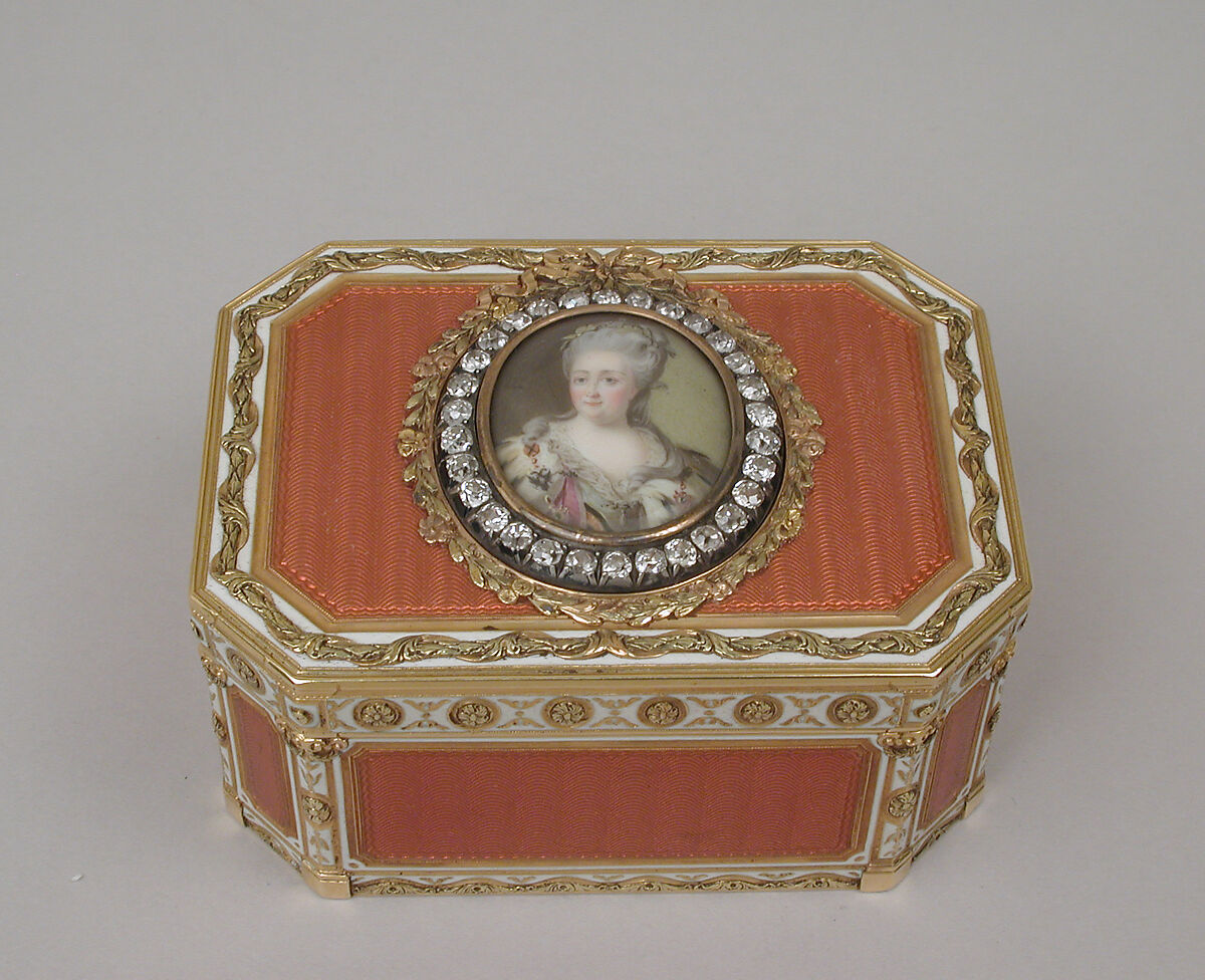 Snuffbox with portrait of Catherine II (1729–1796), Empress of Russia, Joseph Etienne Blerzy  French, Gold, enamel, diamonds, French, Paris